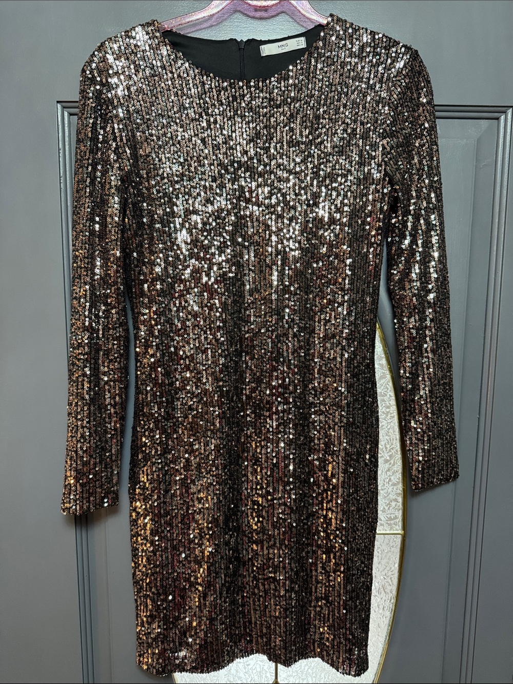 Mango Bronze Sequin dress with Black Trim